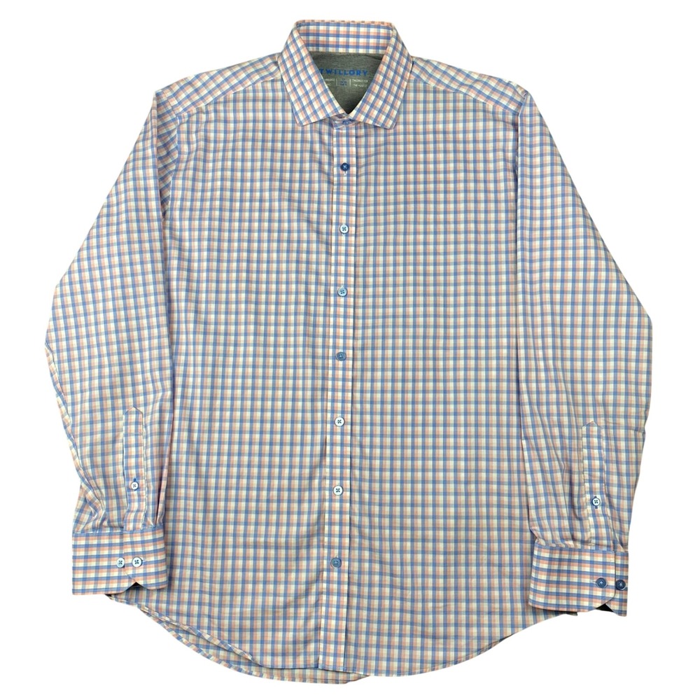 Twillory Mens Dress Shirt 17 34/35‎ Blue Orange Gingham Trim Fit Performance